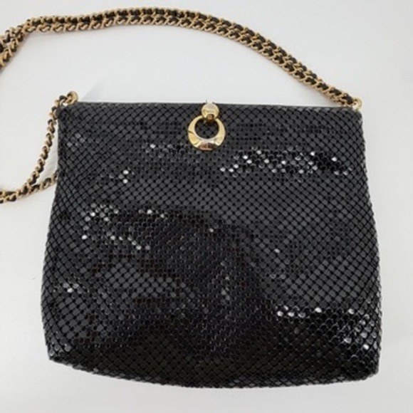 Whiting and Davis Black Mesh Evening‎ Shoulder Bag Gold Chain Clasp - Picture 2 of 10